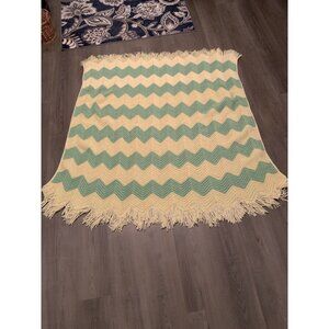 Vintage 70’s ZigZag Chevron Crocheted Afghan Throw Blanket Yellow Green 55”X55”